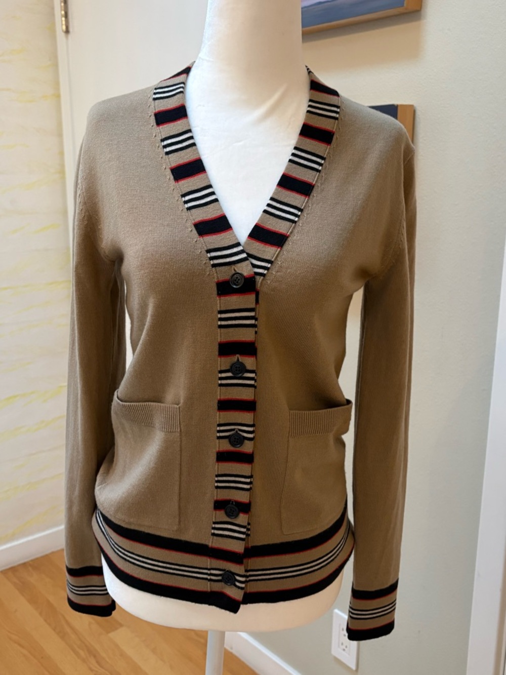 Burberry Tan Cardigan with Striped Trim